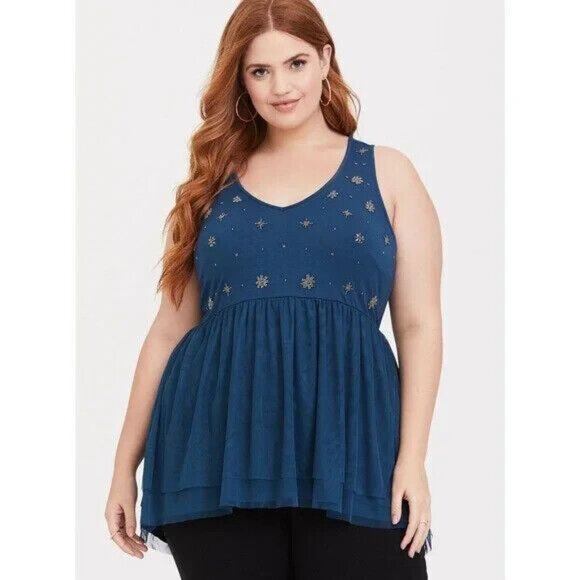 Torrid Blouse Women 3X Blue Mesh Silver Beaded Sleeveless Plus Size - Picture 3 of 8